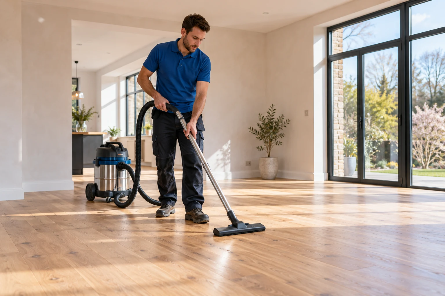 After Builders Clean A cleaner vacuuming a bright newly renovated room
