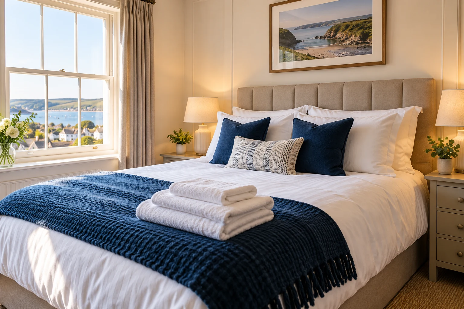 Airbnb Cleaning Fresh towels on a neatly made holiday-let bed