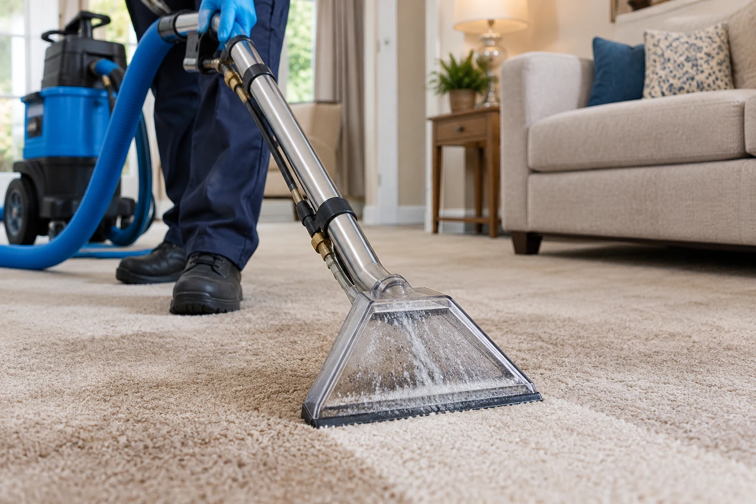 Carpet Shampoo Carpet extraction equipment cleaning a soft living-room carpet