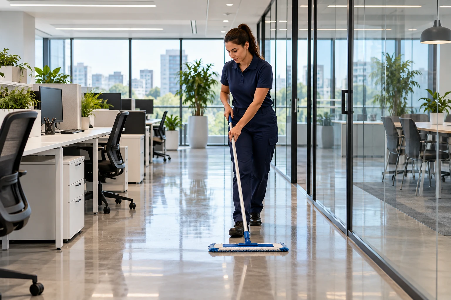 Commercial Cleaning A professional mopping the aisle of a clean modern office