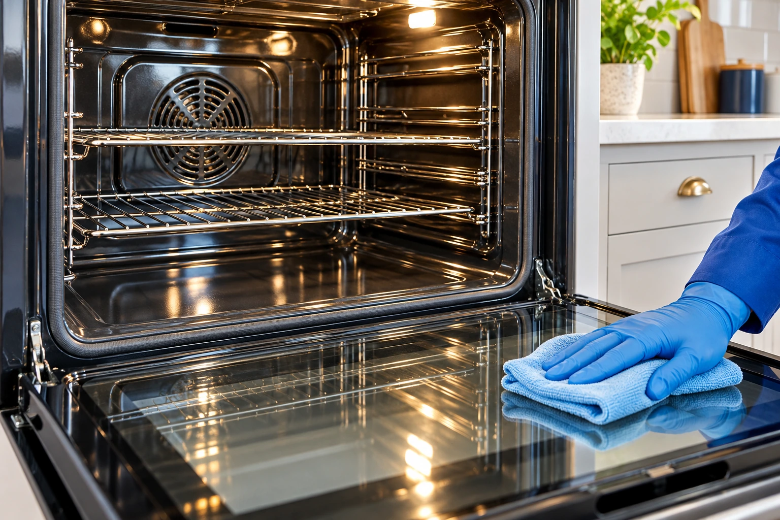 Deep Clean A blue-gloved hand detailing the glass door of a sparkling clean oven