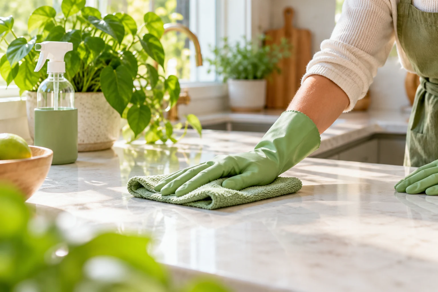 Eco-Friendly Cleaning A reusable green cloth wiping a clean kitchen worktop