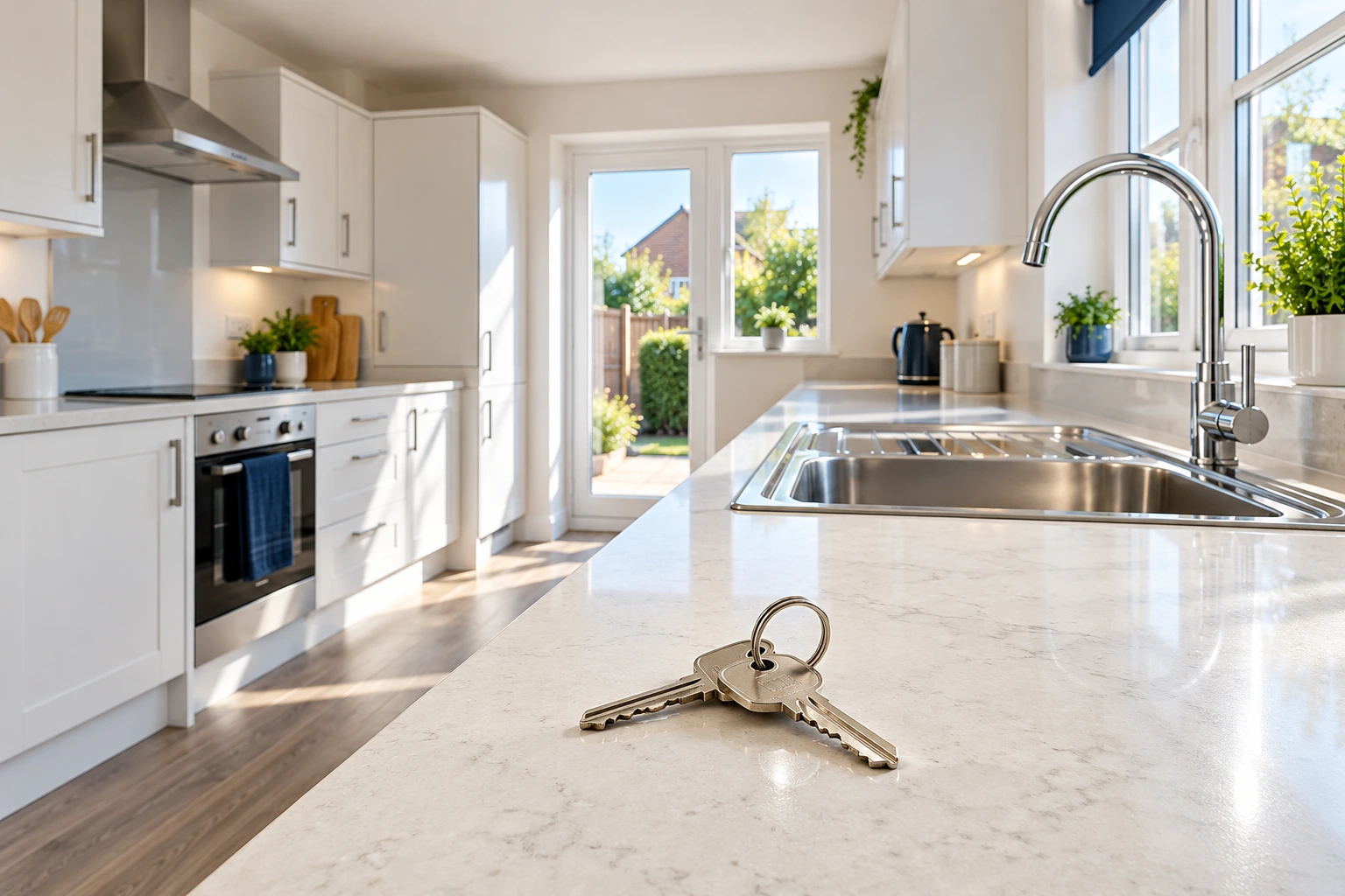 End of Tenancy House keys on a spotless kitchen worktop, ready for property handover