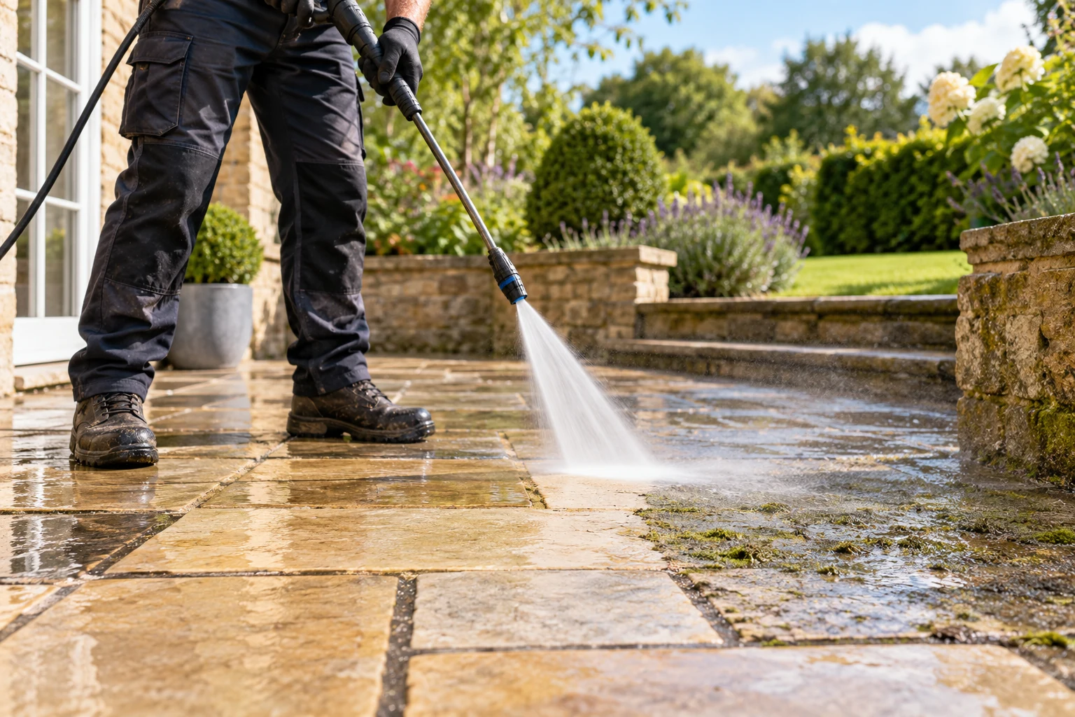 Garden Jet Wash A pressure-washing lance cleaning a stone garden patio