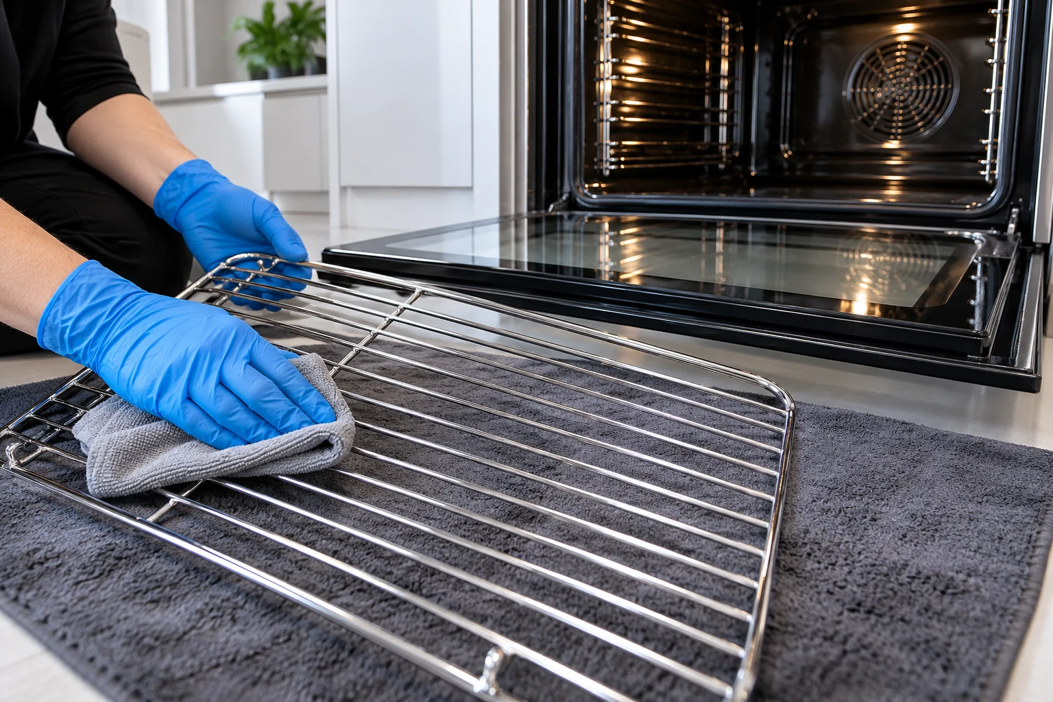 Oven Cleaning Blue-gloved hands cleaning a metal oven rack