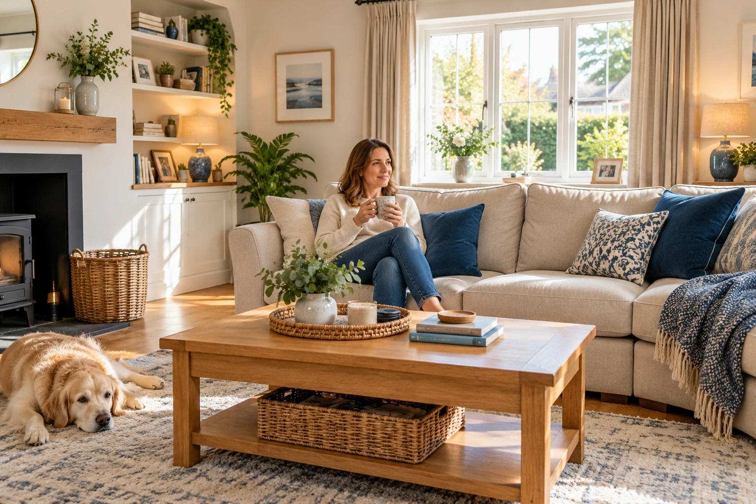 Regular Clean A homeowner relaxing with tea in a tidy, sunlit living room