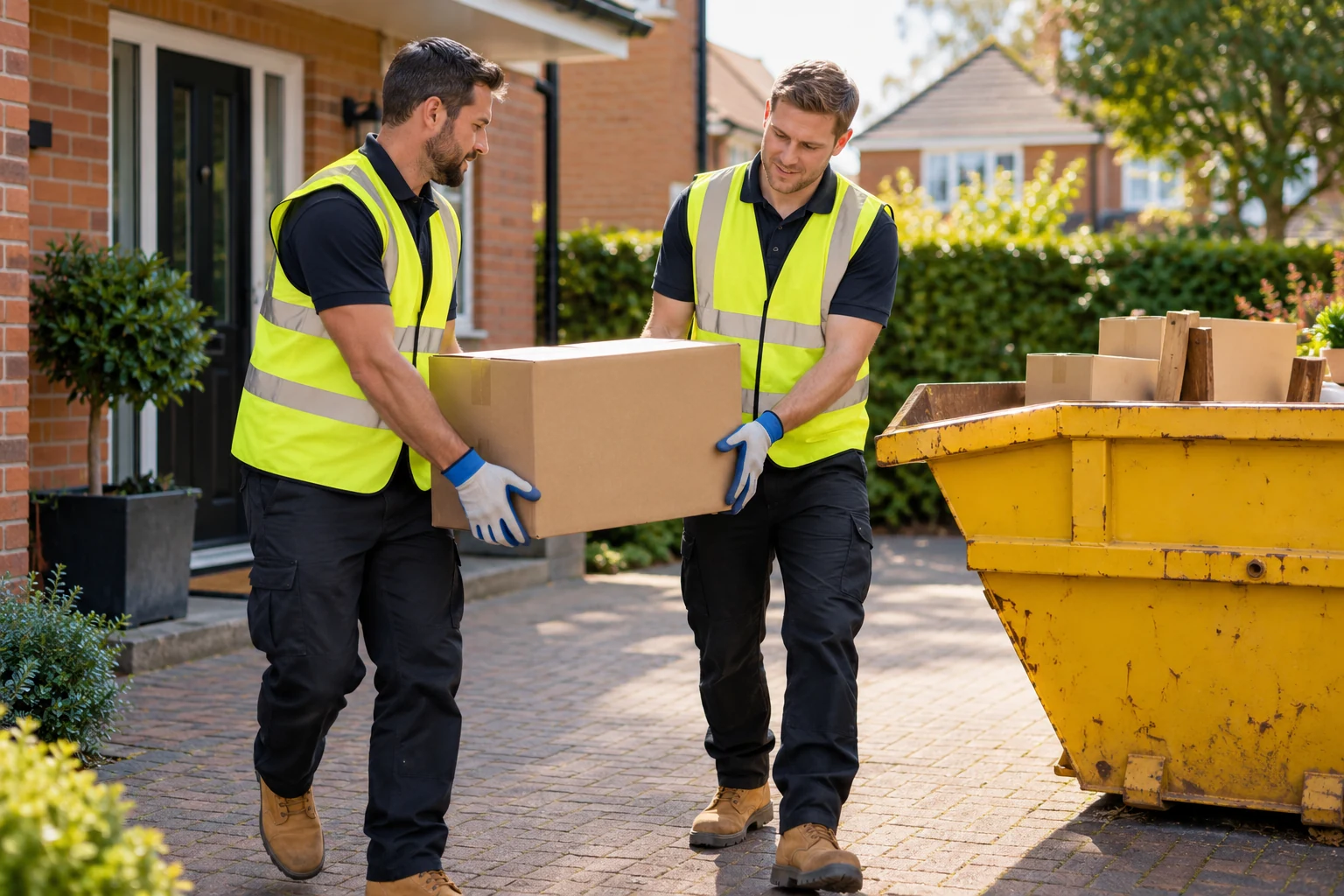 Skip Hire + Labour Two clearance workers carrying a box beside a yellow skip