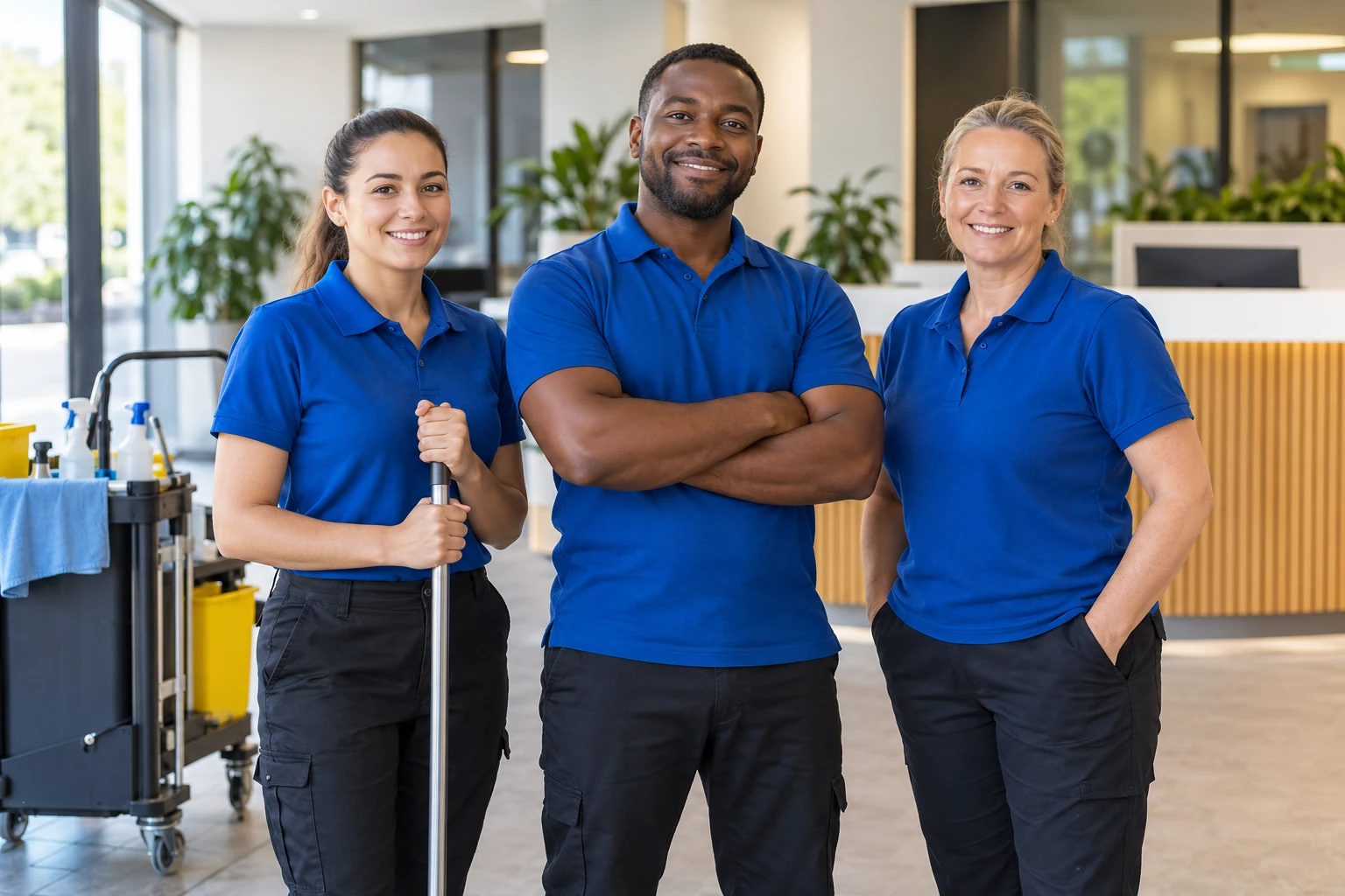Staff Supply Three cleaning professionals in blue uniforms standing together