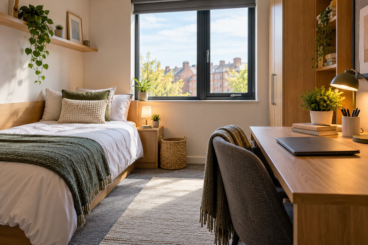Student Accommodation A tidy student bedroom with a clean study desk